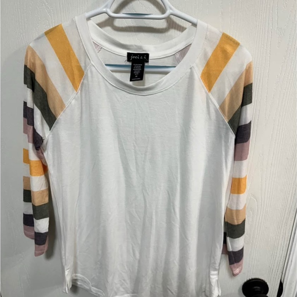 Women's White and Multicolor Striped Sleeve Top